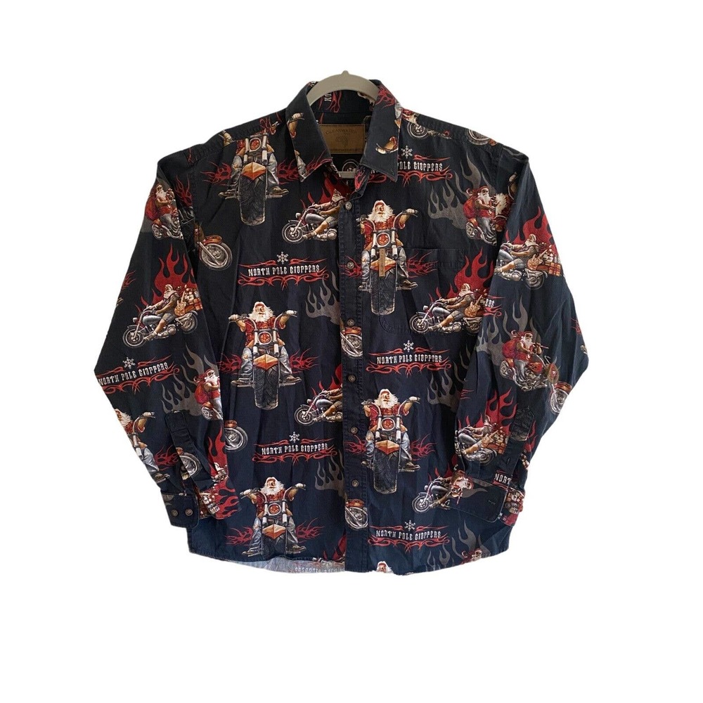 Clearwater Shirt Adult Medium Black‎ Christmas Santa Motorcycle Button Down